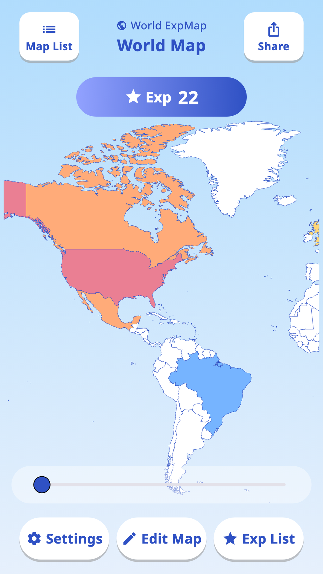 ExpMap showing a color-coded world travel map and experience score